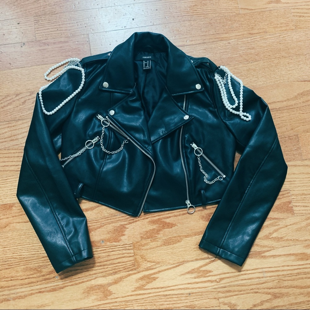Forever 21 Faux Leather Chained Pearl Moto Jacket